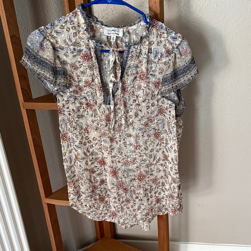 Tie-Neck Floral Blouse in Cream with Rust & Blue - Lila Ryan
